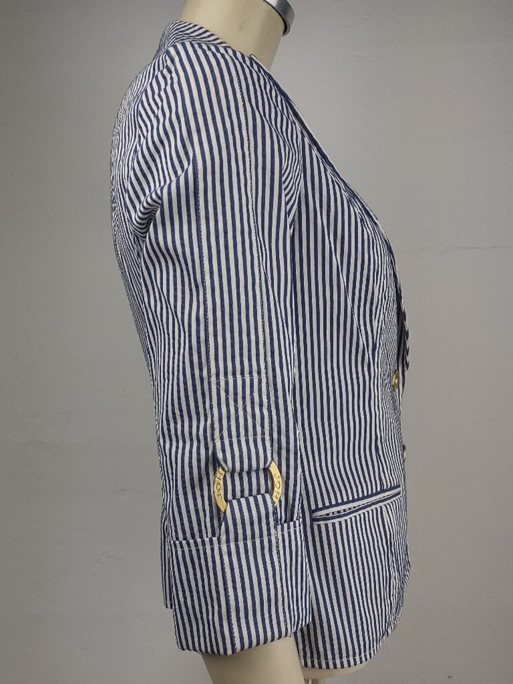 St. John blue white striped tabbed sleeve button front blazer jacket womens 4 - Picture 4 of 10
